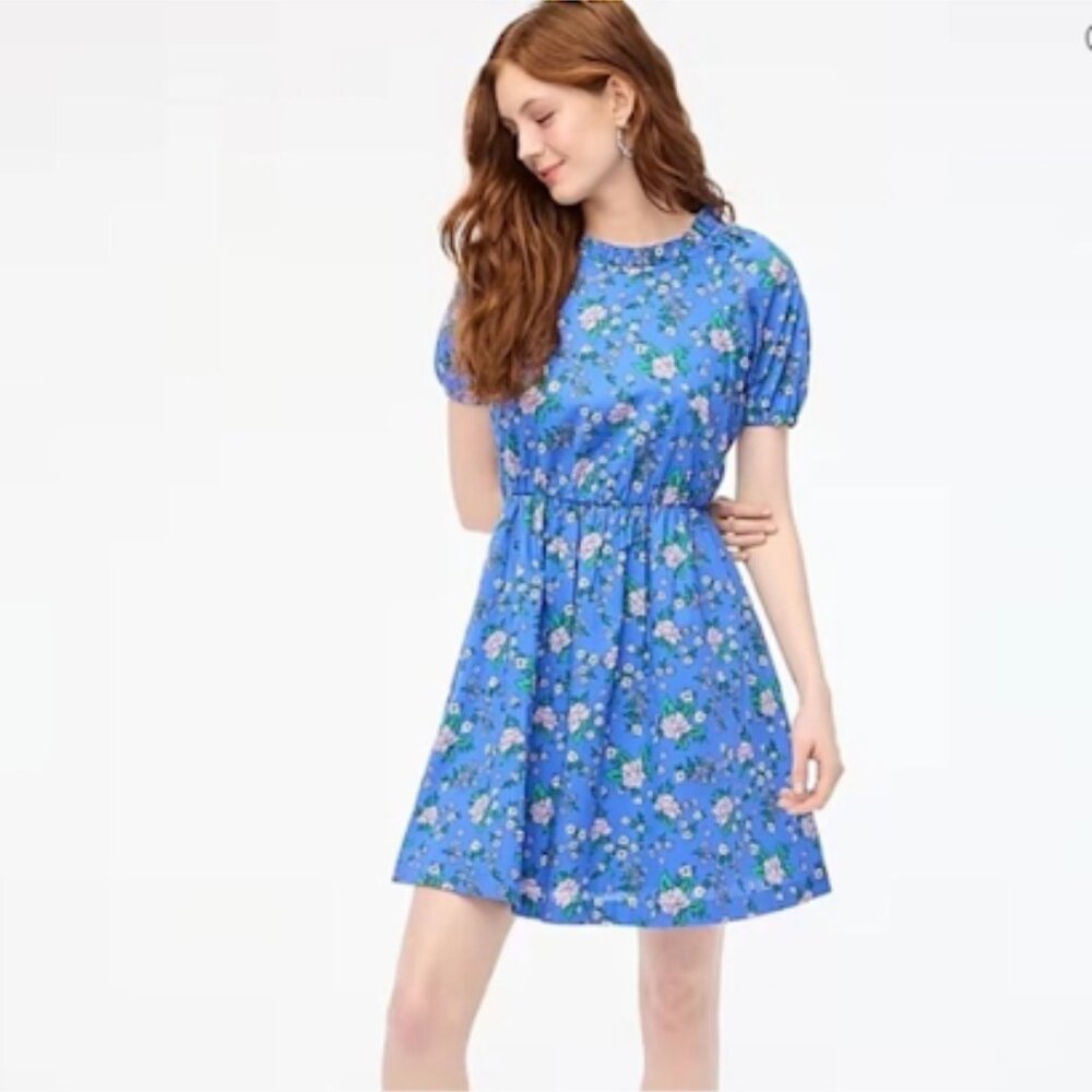 J.Crew Puff Sleeve Blue Floral Cotton Mini Dress 4